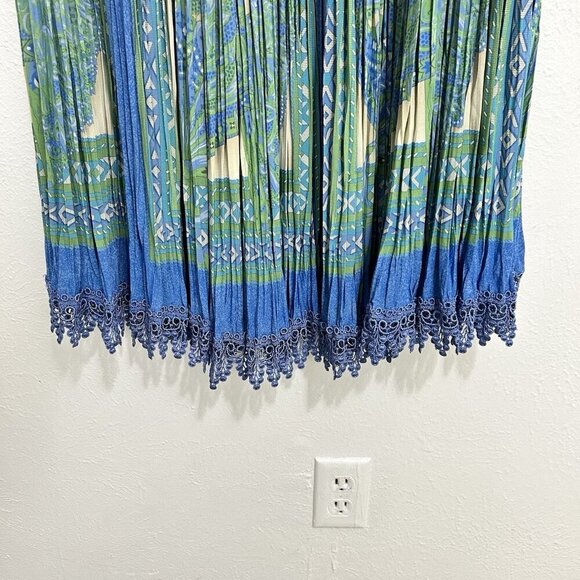 VTG Boho Broomstick Skirt Crinkle Colorful Blue Green Long Maxi Crochet Trim XL - Picture 3 of 10